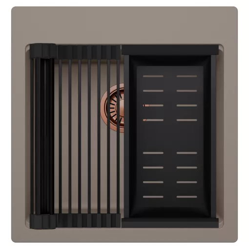 HD Infinity Tortora 48 egymedencés gránit mosogatótálca szett, matt fekete csepegtetőráccsal és kosárral, tortora színben, szálcsiszolt réz leeresztő szifonnal