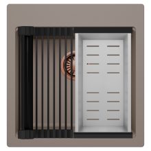 HD Infinity Tortora 48 egymedencés gránit mosogatótálca szett, matt fekete csepegtetőráccsal és krómozott kosárral, tortora színben, szálcsiszolt réz leeresztő szifonnal