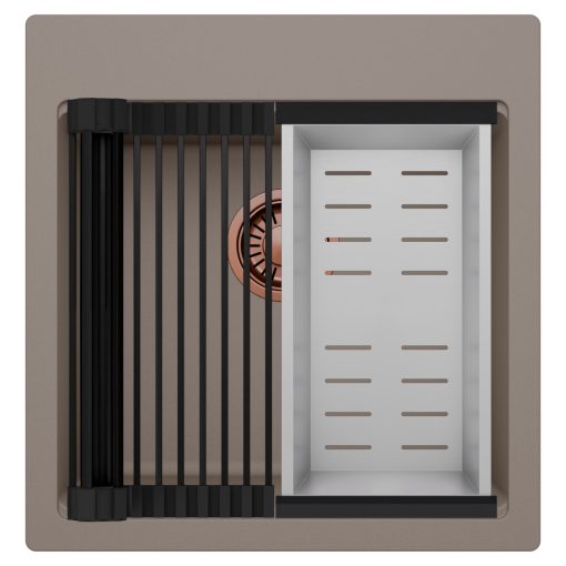 HD Infinity Tortora 48 egymedencés gránit mosogatótálca szett, matt fekete csepegtetőráccsal és krómozott kosárral, tortora színben, szálcsiszolt réz leeresztő szifonnal