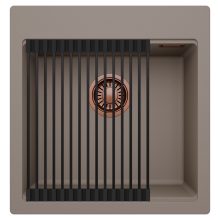 HD Infinity Tortora 48 egymedencés gránit mosogatótálca szett, matt fekete csepegtetőráccsal, tortora színben, szálcsiszolt réz leeresztő szifonnal