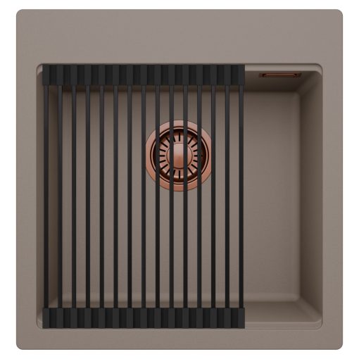 HD Infinity Tortora 48 egymedencés gránit mosogatótálca szett, matt fekete csepegtetőráccsal, tortora színben, szálcsiszolt réz leeresztő szifonnal