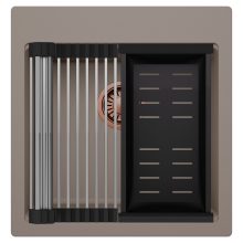 HD Infinity Tortora 48 egymedencés gránit mosogatótálca szett, acél csepegtetőráccsal és matt fekete kosárral, tortora színben, szálcsiszolt réz leeresztő szifonnal