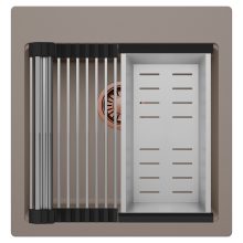 HD Infinity Tortora 48 egymedencés gránit mosogatótálca szett, acél csepegtetőráccsal és kosárral, tortora színben, szálcsiszolt réz leeresztő szifonnal