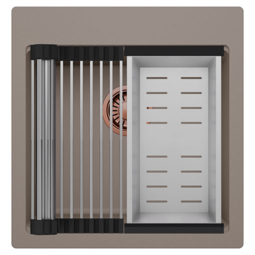 HD Infinity Tortora 48 egymedencés gránit mosogatótálca szett, acél csepegtetőráccsal és kosárral, tortora színben, szálcsiszolt réz leeresztő szifonnal