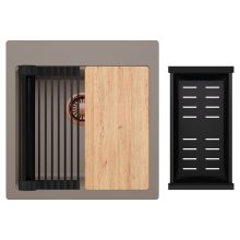 HD Infinity Tortora 48 egymedencés gránit mosogatótálca szett, vágódeszkával, matt fekete csepegtetőráccsal és kosárral, tortora színben, szálcsiszolt réz leeresztő szifonnal