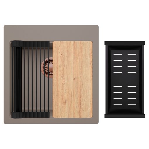 HD Infinity Tortora 48 egymedencés gránit mosogatótálca szett, vágódeszkával, matt fekete csepegtetőráccsal és kosárral, tortora színben, szálcsiszolt réz leeresztő szifonnal