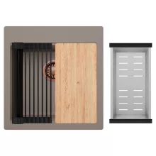 HD Infinity Tortora 48 egymedencés gránit mosogatótálca szett, vágódeszkával, matt fekete csepegtetőráccsal és krómozott kosárral, tortora színben, szálcsiszolt réz leeresztő szifonnal