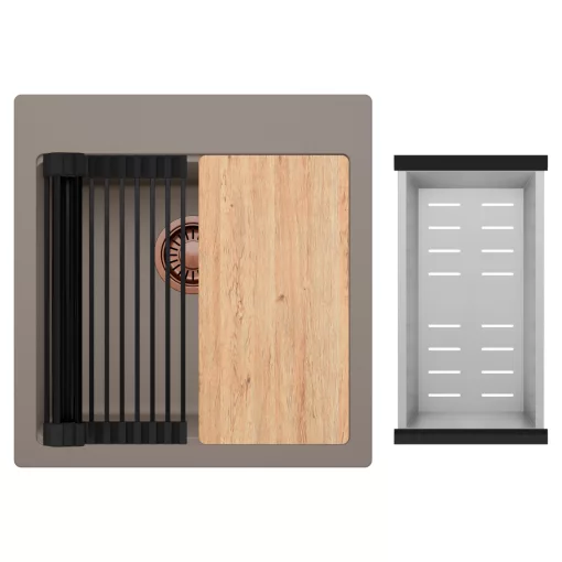 HD Infinity Tortora 48 egymedencés gránit mosogatótálca szett, vágódeszkával, matt fekete csepegtetőráccsal és krómozott kosárral, tortora színben, szálcsiszolt réz leeresztő szifonnal