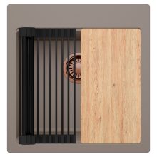 HD Infinity Tortora 48 egymedencés gránit mosogatótálca szett, vágódeszkával, matt fekete csepegtetőráccsal, tortora színben, szálcsiszolt réz leeresztő szifonnal