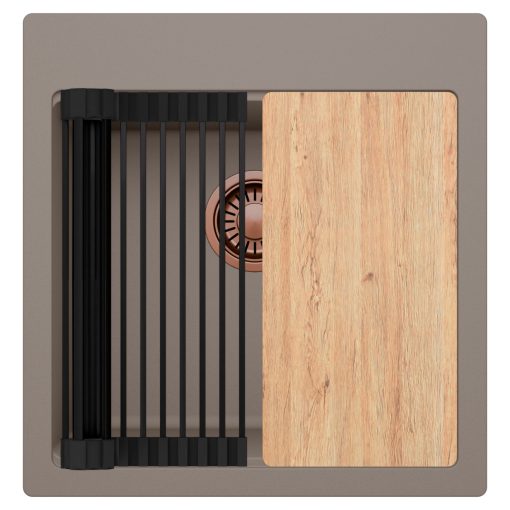 HD Infinity Tortora 48 egymedencés gránit mosogatótálca szett, vágódeszkával, matt fekete csepegtetőráccsal, tortora színben, szálcsiszolt réz leeresztő szifonnal