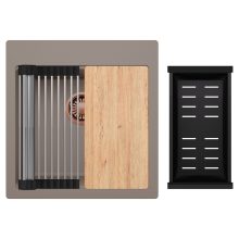 HD Infinity Tortora 48 egymedencés gránit mosogatótálca szett, vágódeszkával, acél csepegtetőráccsal és matt fekete kosárral, tortora színben, szálcsiszolt réz leeresztő szifonnal