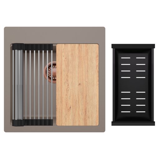 HD Infinity Tortora 48 egymedencés gránit mosogatótálca szett, vágódeszkával, acél csepegtetőráccsal és matt fekete kosárral, tortora színben, szálcsiszolt réz leeresztő szifonnal