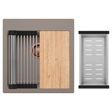 HD Infinity Tortora 48 egymedencés gránit mosogatótálca szett, vágódeszkával, acél csepegtetőráccsal és kosárral, tortora színben, szálcsiszolt réz leeresztő szifonnal