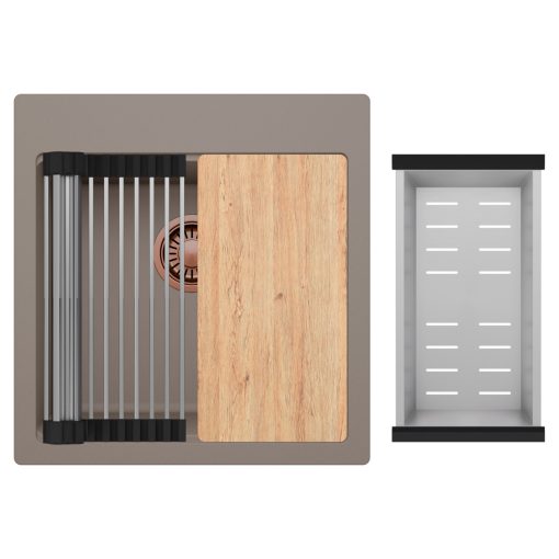 HD Infinity Tortora 48 egymedencés gránit mosogatótálca szett, vágódeszkával, acél csepegtetőráccsal és kosárral, tortora színben, szálcsiszolt réz leeresztő szifonnal