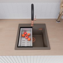 HD Infinity Tortora 48 egymedencés gránit mosogatótálca szett, vágódeszkával, acél csepegtetőráccsal és kosárral, tortora színben, szálcsiszolt réz leeresztő szifonnal