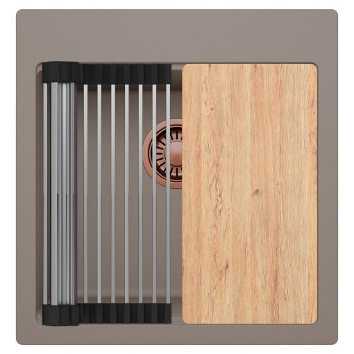 HD Infinity Tortora 48 egymedencés gránit mosogatótálca szett, vágódeszkával, acél csepegtetőráccsal, tortora színben, szálcsiszolt réz leeresztő szifonnal