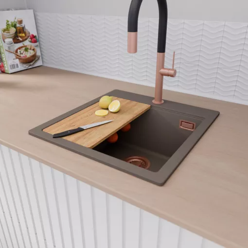 HD Infinity Tortora 48 egymedencés gránit mosogatótálca szett, vágódeszkával, matt fekete csepegtetőkosárral, tortora színben, szálcsiszolt réz leeresztő szifonnal