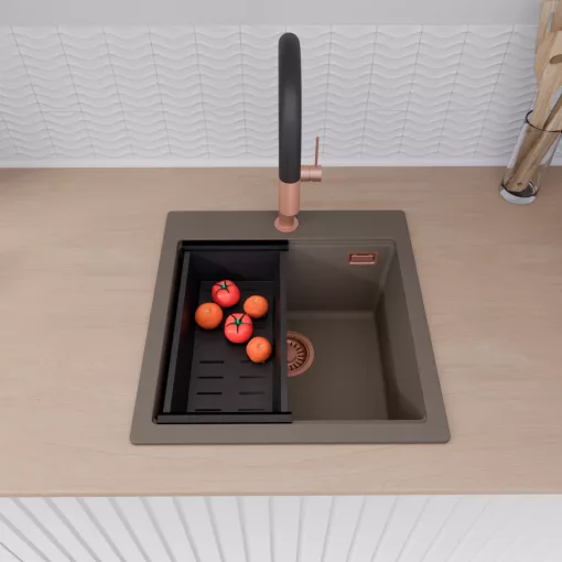 HD Infinity Tortora 48 egymedencés gránit mosogatótálca szett, vágódeszkával, matt fekete csepegtetőkosárral, tortora színben, szálcsiszolt réz leeresztő szifonnal