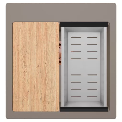 HD Infinity Tortora 48 egymedencés gránit mosogatótálca szett, vágódeszkával, acél csepegtetőkosárral, tortora színben, szálcsiszolt réz leeresztő szifonnal