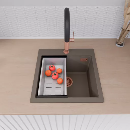 HD Infinity Tortora 48 egymedencés gránit mosogatótálca szett, vágódeszkával, acél csepegtetőkosárral, tortora színben, szálcsiszolt réz leeresztő szifonnal