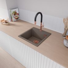 HD Infinity Tortora 48 egymedencés gránit mosogatótálca, vágódeszkával, tortora színben, szálcsiszolt réz leeresztő szifonnal