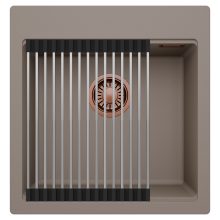 HD Infinity Tortora 48 egymedencés gránit mosogatótálca szett, acél csepegtetőráccsal, tortora színben, szálcsiszolt réz leeresztő szifonnal