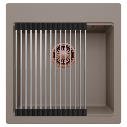 HD Infinity Tortora 48 egymedencés gránit mosogatótálca szett, acél csepegtetőráccsal, tortora színben, szálcsiszolt réz leeresztő szifonnal