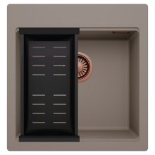 HD Infinity Tortora 48 egymedencés gránit mosogatótálca szett, matt fekete csepegtetőkosárral, tortora színben, szálcsiszolt réz leeresztő szifonnal