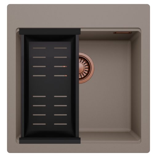 HD Infinity Tortora 48 egymedencés gránit mosogatótálca szett, matt fekete csepegtetőkosárral, tortora színben, szálcsiszolt réz leeresztő szifonnal