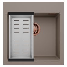 HD Infinity Tortora 48 egymedencés gránit mosogatótálca szett, acél csepegtetőkosárral, tortora színben, szálcsiszolt réz leeresztő szifonnal