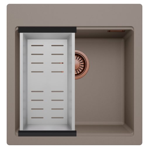 HD Infinity Tortora 48 egymedencés gránit mosogatótálca szett, acél csepegtetőkosárral, tortora színben, szálcsiszolt réz leeresztő szifonnal