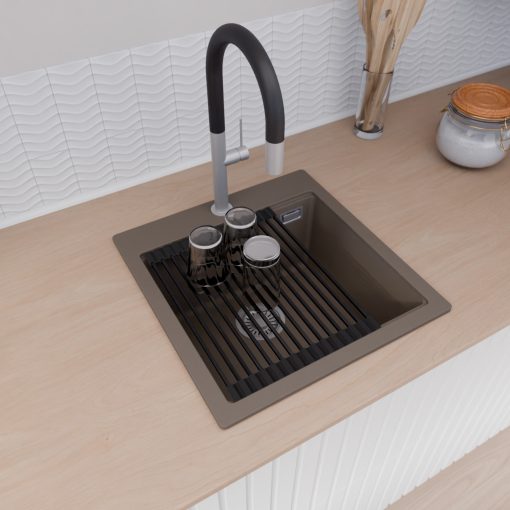 HD Infinity Tortora 48 egymedencés gránit mosogatótálca szett, matt fekete csepegtetőráccsal és krómozott kosárral, tortora színben