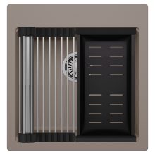 HD Infinity Tortora 48 egymedencés gránit mosogatótálca szett, acél csepegtetőráccsal és matt fekete kosárral, tortora színben