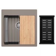 HD Infinity Tortora 48 egymedencés gránit mosogatótálca szett, vágódeszkával, acél csepegtetőráccsal és matt fekete kosárral, tortora színben