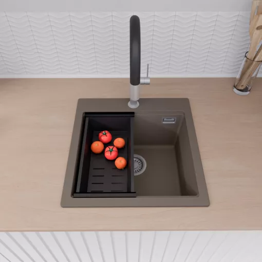 HD Infinity Tortora 48 egymedencés gránit mosogatótálca szett, vágódeszkával, acél csepegtetőráccsal és matt fekete kosárral, tortora színben