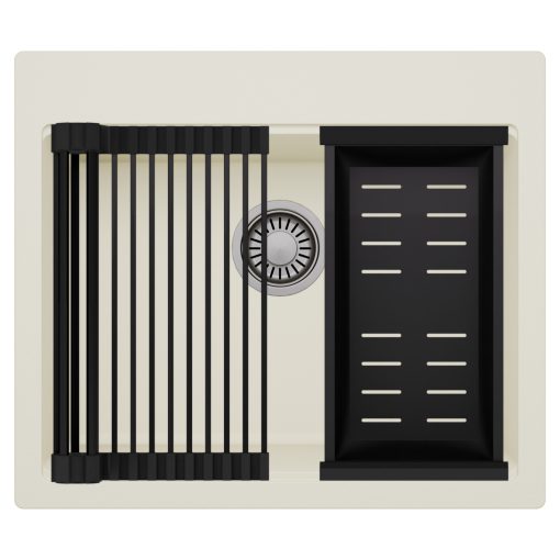 HD Infinity White 58 egymedencés gránit mosogatótálca szett, matt fekete csepegtetőráccsal és kosárral, tört fehér színben, szálcsiszolt króm leeresztő szifonnal