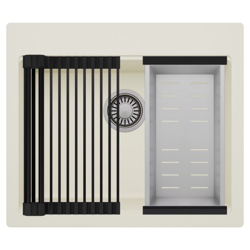 HD Infinity White 58 egymedencés gránit mosogatótálca szett, matt fekete csepegtetőráccsal és krómozott kosárral, tört fehér színben, szálcsiszolt króm leeresztő szifonnal