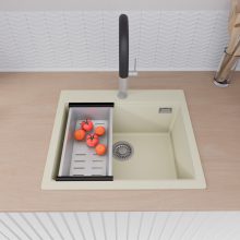 HD Infinity White 58 egymedencés gránit mosogatótálca szett, matt fekete csepegtetőráccsal és krómozott kosárral, tört fehér színben, szálcsiszolt króm leeresztő szifonnal