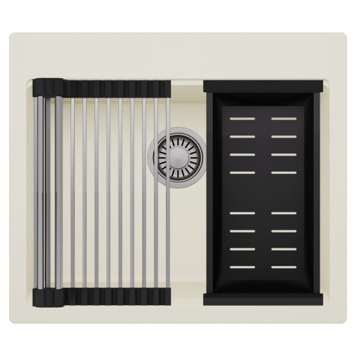 HD Infinity White 58 egymedencés gránit mosogatótálca szett, acél csepegtetőráccsal és matt fekete kosárral, tört fehér színben, szálcsiszolt króm leeresztő szifonnal