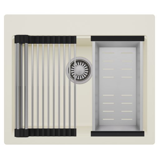 HD Infinity White 58 egymedencés gránit mosogatótálca szett, acél csepegtetőráccsal és kosárral, tört fehér színben, szálcsiszolt króm leeresztő szifonnal