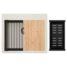 HD Infinity White 58 egymedencés gránit mosogatótálca szett, vágódeszkával, matt fekete csepegtetőráccsal és kosárral, tört fehér színben, szálcsiszolt króm leeresztő szifonnal