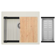 HD Infinity White 58 egymedencés gránit mosogatótálca szett, vágódeszkával, vágódeszkával, acél csepegtetőráccsal és kosárral, tört fehér színben, szálcsiszolt króm leeresztő szifonnal