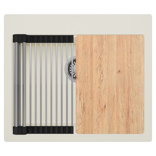 HD Infinity White 58 egymedencés gránit mosogatótálca szett, vágódeszkával, acél csepegtetőráccsal, tört fehér színben, szálcsiszolt króm leeresztő szifonnal