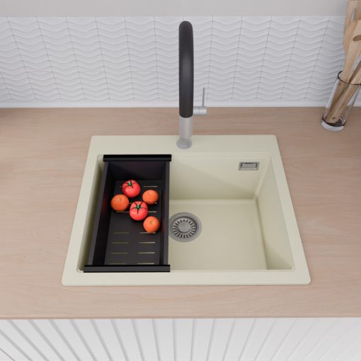 HD Infinity White 58 egymedencés gránit mosogatótálca szett, vágódeszkával, matt fekete csepegtetőkosárral, tört fehér színben, szálcsiszolt króm leeresztő szifonnal