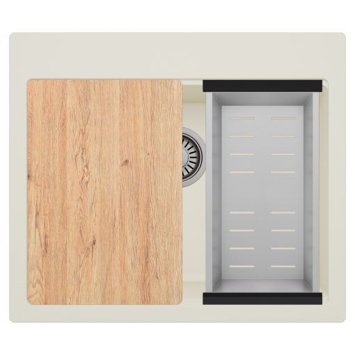 HD Infinity White 58 egymedencés gránit mosogatótálca szett, vágódeszkával, acél csepegtetőkosárral, tört fehér színben, szálcsiszolt króm leeresztő szifonnal