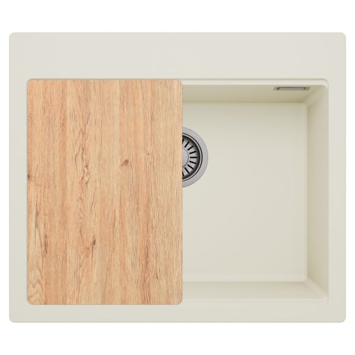 HD Infinity White 58 egymedencés gránit mosogatótálca, vágódeszkával, vágódeszkával, tört fehér színben, szálcsiszolt króm leeresztő szifonnal