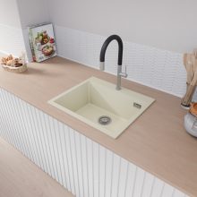 HD Infinity White 58 egymedencés gránit mosogatótálca, vágódeszkával, vágódeszkával, tört fehér színben, szálcsiszolt króm leeresztő szifonnal