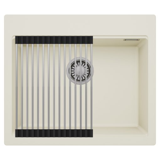 HD Infinity White 58 egymedencés gránit mosogatótálca szett, acél csepegtetőráccsal, tört fehér színben, szálcsiszolt króm leeresztő szifonnal