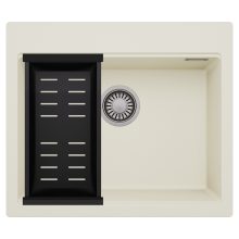 HD Infinity White 58 egymedencés gránit mosogatótálca szett, matt fekete csepegtetőkosárral, tört fehér színben, szálcsiszolt króm leeresztő szifonnal