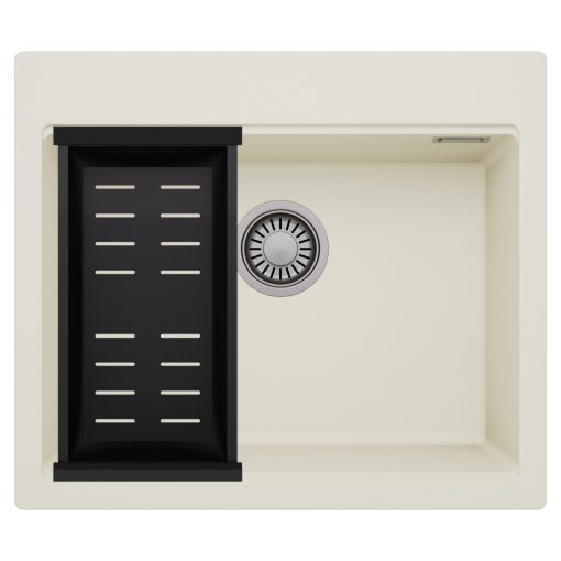 HD Infinity White 58 egymedencés gránit mosogatótálca szett, matt fekete csepegtetőkosárral, tört fehér színben, szálcsiszolt króm leeresztő szifonnal